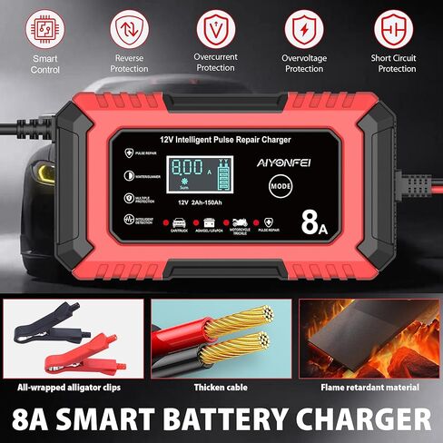 12V Car Battery Charger 8-Amp, Smart Trickle Charger Battery Maintainer and Desulfator with Temperature Compensation for Car, Truck, SUV, Motorcycle, Boat, Mower (Red) in Kuwait