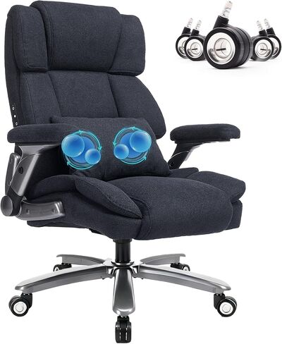 750lbs Heavy Duty Desk Chair with 3D Kneading Massage, Big and Tall Office Chairs with Ergonomic Support, 3D Armrests, 5 Quiet Dual Rubber Wheel, Thick Spring Cushion(Black-Fabric) in Saudi Arabia