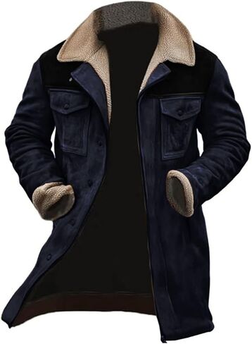 Western Coats for Men Mens Cowboy Vintage Suede Jacket Plush Collar Faux Leather Winter Long Jackets Zip Up Casual Retro Tops in Saudi Arabia