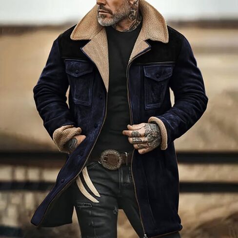 Western Coats for Men Mens Cowboy Vintage Suede Jacket Plush Collar Faux Leather Winter Long Jackets Zip Up Casual Retro Tops in Saudi Arabia