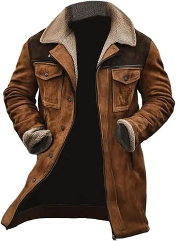 Western Coats for Men Mens Cowboy Vintage Suede Jacket Plush Collar Faux Leather Winter Long Jackets Zip Up Casual Retro Tops in Saudi Arabia