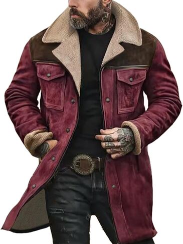 Western Coats for Men Mens Cowboy Vintage Suede Jacket Plush Collar Faux Leather Winter Long Jackets Zip Up Casual Retro Tops in Saudi Arabia