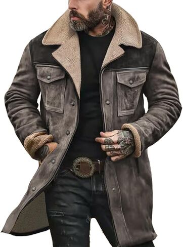 Western Coats for Men Mens Cowboy Vintage Suede Jacket Plush Collar Faux Leather Winter Long Jackets Zip Up Casual Retro Tops in Saudi Arabia