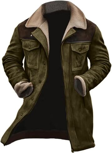 Western Coats for Men Mens Cowboy Vintage Suede Jacket Plush Collar Faux Leather Winter Long Jackets Zip Up Casual Retro Tops in Saudi Arabia