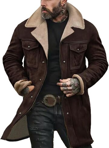 Western Coats for Men Mens Cowboy Vintage Suede Jacket Plush Collar Faux Leather Winter Long Jackets Zip Up Casual Retro Tops in Saudi Arabia