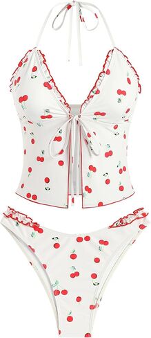 ZAFUL Tankini المايوه للنساء Smocked الكشكشة التعادل الجبهة Bowknot محكم عالية قطع Tanga Tankini مجموعة in Kuwait