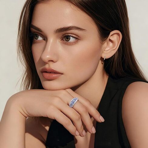 Blue Tanzanite & Cubic Zirconia Stackable Wedding Band Eternity Rings,December Birthstone Ring for Women,Rhodium-Plated Sterling 925 Silver - Elegant Marquise-Cut(Weight 1.47 CT in Saudi Arabia