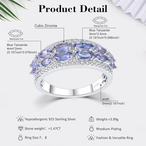 Blue Tanzanite & Cubic Zirconia Stackable Wedding Band Eternity Rings,December Birthstone Ring for Women,Rhodium-Plated Sterling 925 Silver - Elegant Marquise-Cut(Weight 1.47 CT in Saudi Arabia