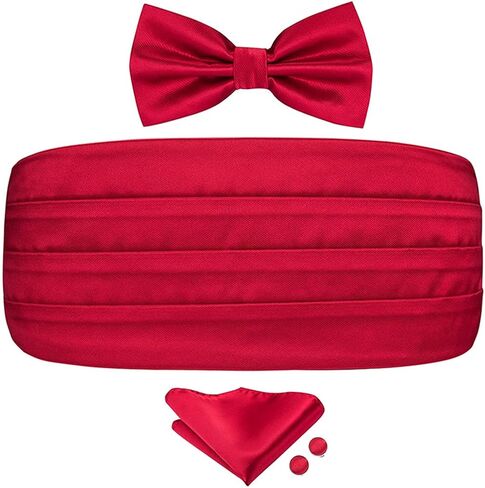 Silk Adult Men's Formal Party Wedding Red Plain Cummerbund Bow Tie & Pocket Square Set Tuxedo Wide Belt in Saudi Arabia