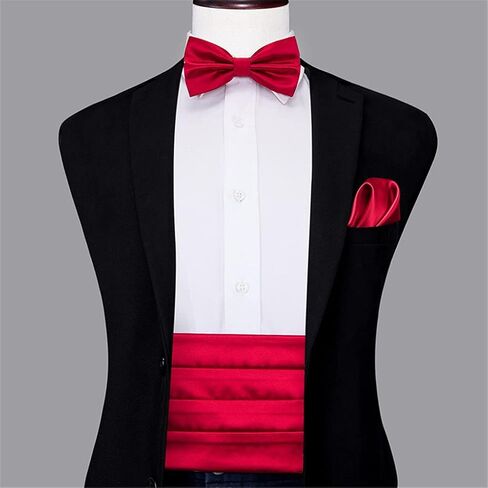 Silk Adult Men's Formal Party Wedding Red Plain Cummerbund Bow Tie & Pocket Square Set Tuxedo Wide Belt in Saudi Arabia