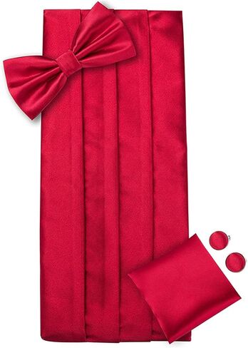 Silk Adult Men's Formal Party Wedding Red Plain Cummerbund Bow Tie & Pocket Square Set Tuxedo Wide Belt in Saudi Arabia