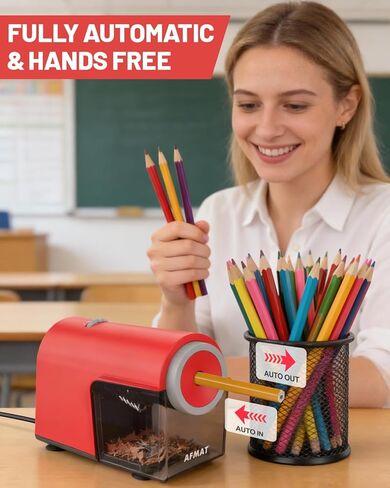 AFMAT Electric Pencil Sharpener, Fully Automatic Pencil Sharpener for 6.5-10.5mm No.2/Jumbo/Colored Pencils, Auto in & Out, 5 Sharpness Modes, 10000+ Sharpenings for Classroom Home Office, PSC5(Red) in Kuwait
