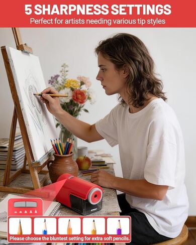 AFMAT Electric Pencil Sharpener, Fully Automatic Pencil Sharpener for 6.5-10.5mm No.2/Jumbo/Colored Pencils, Auto in & Out, 5 Sharpness Modes, 10000+ Sharpenings for Classroom Home Office, PSC5(Red) in Kuwait