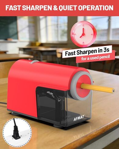 AFMAT Electric Pencil Sharpener, Fully Automatic Pencil Sharpener for 6.5-10.5mm No.2/Jumbo/Colored Pencils, Auto in & Out, 5 Sharpness Modes, 10000+ Sharpenings for Classroom Home Office, PSC5(Red) in Kuwait