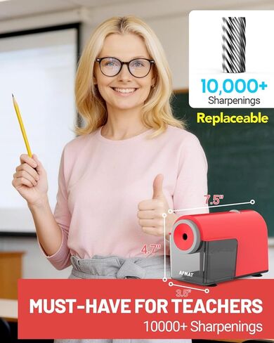 AFMAT Electric Pencil Sharpener, Fully Automatic Pencil Sharpener for 6.5-10.5mm No.2/Jumbo/Colored Pencils, Auto in & Out, 5 Sharpness Modes, 10000+ Sharpenings for Classroom Home Office, PSC5(Red) in Kuwait