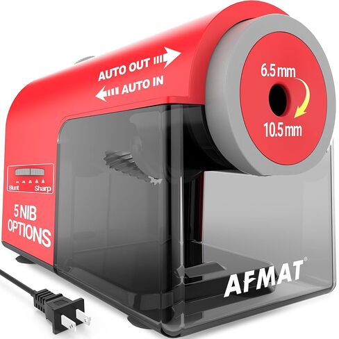AFMAT Electric Pencil Sharpener, Fully Automatic Pencil Sharpener for 6.5-10.5mm No.2/Jumbo/Colored Pencils, Auto in & Out, 5 Sharpness Modes, 10000+ Sharpenings for Classroom Home Office, PSC5(Red) in Kuwait