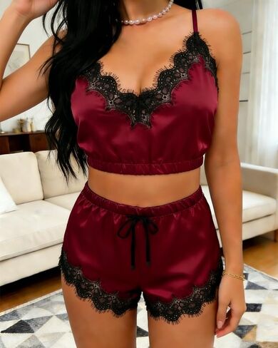 New Deep V Satin Lace Lingerie Set for Women, Sexy Panties and Flirty Nightwear Ensemble, Elegant Intimate Apparel in Saudi Arabia
