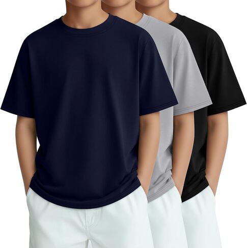 3 Pack Boys Short Sleeve Shirts Kids Loose Fit Crewneck Tops Casual Summer Basic Tee in Kuwait