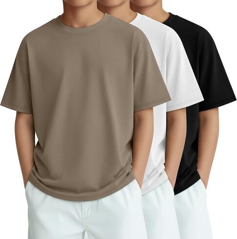 3 Pack Boys Short Sleeve Shirts Kids Loose Fit Crewneck Tops Casual Summer Basic Tee in Kuwait