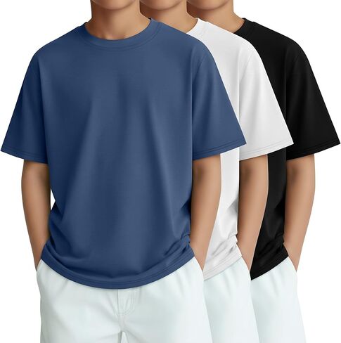 3 Pack Boys Short Sleeve Shirts Kids Loose Fit Crewneck Tops Casual Summer Basic Tee in Kuwait