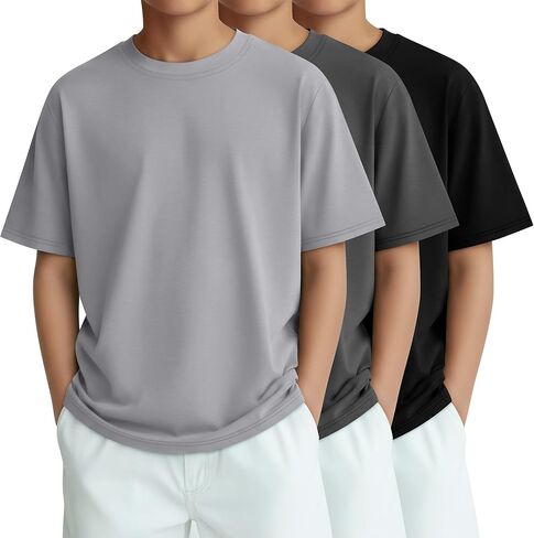 3 Pack Boys Short Sleeve Shirts Kids Loose Fit Crewneck Tops Casual Summer Basic Tee in Kuwait
