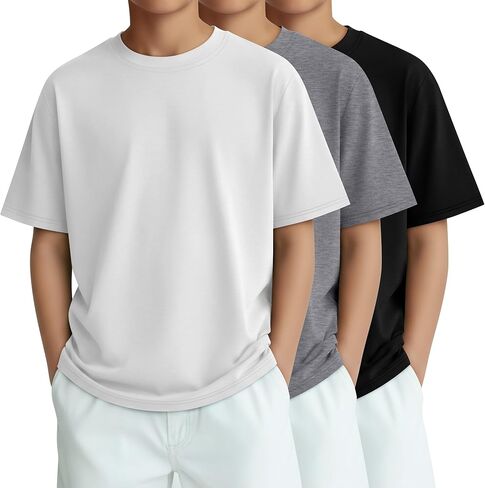 3 Pack Boys Short Sleeve Shirts Kids Loose Fit Crewneck Tops Casual Summer Basic Tee in Kuwait