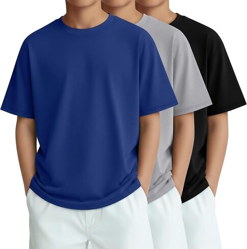 3 Pack Boys Short Sleeve Shirts Kids Loose Fit Crewneck Tops Casual Summer Basic Tee in Kuwait