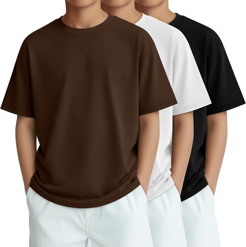 3 Pack Boys Short Sleeve Shirts Kids Loose Fit Crewneck Tops Casual Summer Basic Tee in Kuwait