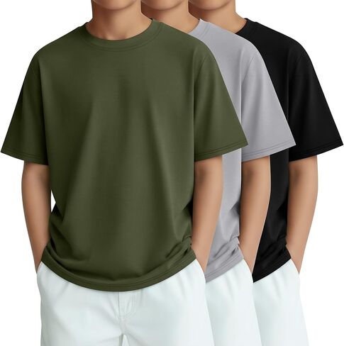 3 Pack Boys Short Sleeve Shirts Kids Loose Fit Crewneck Tops Casual Summer Basic Tee in Kuwait