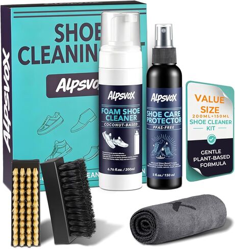 Shoe Cleaning Kit, Sneaker Cleaner Kit with 6.76 oz Shoe Cleaner Foam & 5 oz Shoe Protector Spray, Includes 2 Premium Brushes & Microfiber Towel for White Shoes, Leather, Mesh, Knit, Canvas, Boots in Saudi Arabia