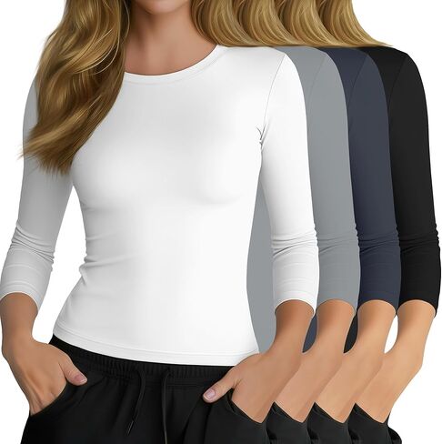 Neer 4 Pack Women's Workout Shirts 3/4 Sleeve Slim Fit Compression Tops Athletic Crewneck Gym Running Yoga Basic T-Shirt in Saudi Arabia