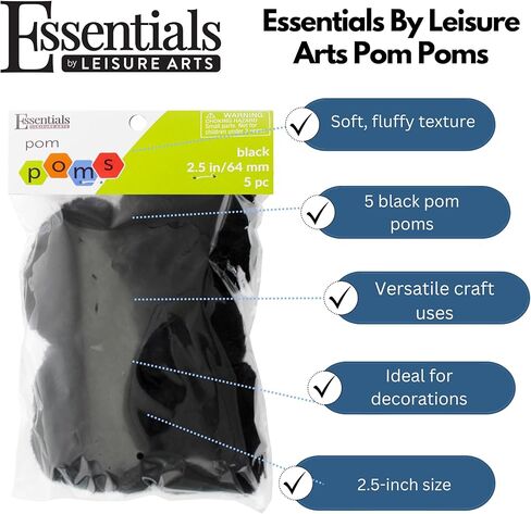 Essentials by Leisure Arts Pom Poms - Black -3" - 4 Piece pom poms Arts and Crafts - Colored Pompoms for Crafts - Craft pom poms - Puff Balls for Crafts in Kuwait