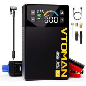 VTOMAN X3 Jump Starter مع ضاغط هواء، 3500 أمبير بطارية سيارة محمولة (محركات ديزل 9 لتر/8.5 لتر) مع منفاخ إطارات للإغلاق التلقائي 160 رطل لكل بوصة مربعة، حزمة معززة لبطارية ليثيوم 12 فولت، صندوق القفز in Kuwait