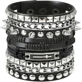 4 Pcs Leather Studded Rivets Bracelets for Women Punk Rock Chain Wristbands Set Emo Goth Accessories for Men Biker in Saudi Arabia