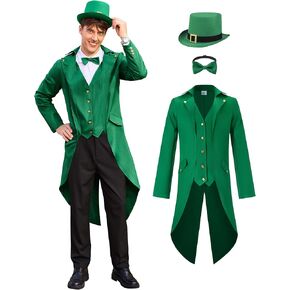 Arvilhill 3 Pcs Men's St. Patrick's Day Costume Leprechaun Outfit Steampunk Tailcoat Hat Bow Tie (S-3XL) in Saudi Arabia