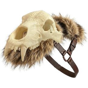 درع الكتف على شكل جمجمة الفايكنج والفراء الصناعي - بولدرون البربري من العصور الوسطى مع عظمة صناعية/فرو صناعي - إكسسوار زي تنكري لدرع الكتف من أجل LARP، ومهرجان عصر النهضة، والهالوين والهدايا in Kuwait