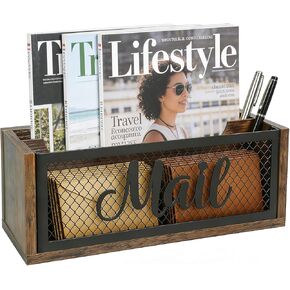 Mail Organizer Countertop, Rustic Farmhouse 2-Slot Wood & Iron Mail Holder, Retro Wall Mounted or Desk Entryway Letter Bill Envelope Sorter, No Assembly in Saudi Arabia