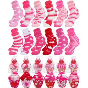 12 Pairs Valentines Cupcake Socks Gift for Women Bulk,12 Styles Classic Fluffy Warm Fuzzy Valentines Day Socks with Heart Cards,Galentine's Day Gifts for Wife Mother Friends in Kuwait