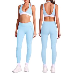 ABOCIW Workout Sets for Women Layered V Neck Halter Sports Bra High Waist Leggings with Pockets Yoga Pilates Outfits in Saudi Arabia