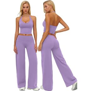 Women 2 Piece Workout Sets Spaghetti Straps U Back Tank Tops and High Waist Active Wide Leg Pants Yoga Outfits in Kuwait