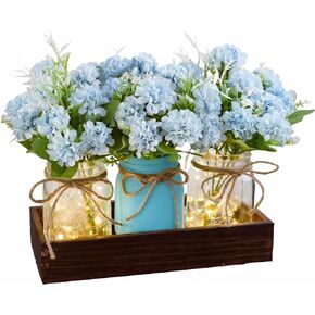 LUEUR Mason Jar Lights ديكور طاولة مركزية لغرفة الطعام - صينية خشبية للمزرعة مع 3 برطمانات، عباد الشمس الاصطناعية الصفراء، ديكور منزلي لطاولة القهوة، المطبخ، غرفة المعيشة in Kuwait