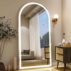 مرآة كاملة الطول مقوسة مقاس 34 بوصة × 76 بوصة مع أضواء LED، مرآة كاملة الجسم واقفة أو مثبتة على الحائط مع حامل، مرآة أرضية مضاءة بثلاثة ألوان قابلة للتعتيم لغرفة النوم وغرفة الملابس والمرحاض in Kuwait