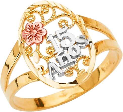 Ioka -14K الصلبة ثلاثي الألوان الذهب الحلو 15 أنوس 15 سنة عيد ميلاد خاتم زهرة Quinceanera in Saudi Arabia