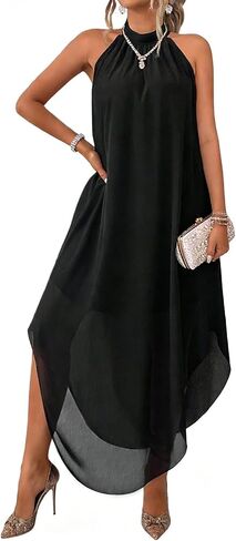 Elegant Long Dresses for Women Sleeveless Halter Neck Double Layer Loose Flowy Chiffon Dress Asymmetrical （S-2XL） in Saudi Arabia