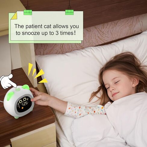 ساعة منبه للأطفال، حسنًا للاستيقاظ على مدار الساعة للأطفال مع ميزة حماية العين والتدريب على النوم وإيقاف التشغيل التلقائي 10 إضاءة ليلية منبه مزدوج لغرفة النوم، ساعة منبه للأطفال هدايا القط الأخضر للفتيات in Kuwait