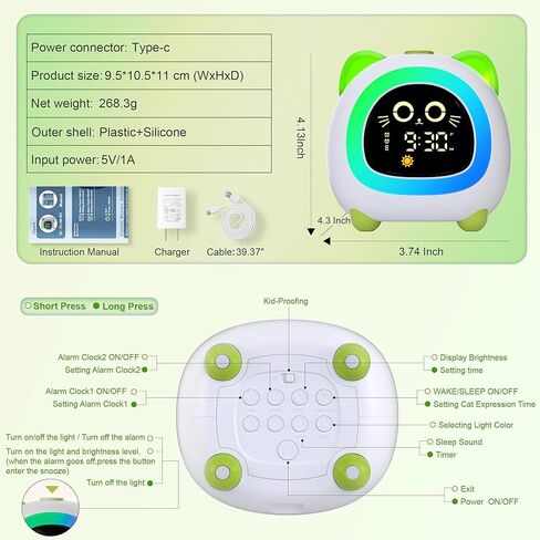 ساعة منبه للأطفال، حسنًا للاستيقاظ على مدار الساعة للأطفال مع ميزة حماية العين والتدريب على النوم وإيقاف التشغيل التلقائي 10 إضاءة ليلية منبه مزدوج لغرفة النوم، ساعة منبه للأطفال هدايا القط الأخضر للفتيات in Kuwait
