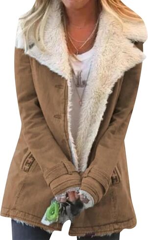 YMING Women's Winter Warm Lapel Collar Sherpa Fleece Lined Outerwear Button Down Loose Fit Suede Jacket Coats With Pocket in Saudi Arabia