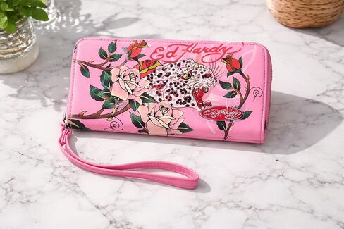 ED HARDY Women's Multicompartment Wallet with Wrist Strap (Pink Leopard) in Saudi Arabia