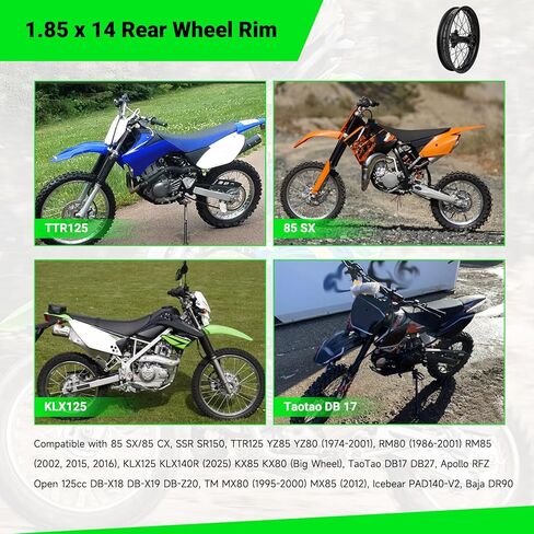 1.85x14 Rear Dirt Bike Rim Assembly Fit 90/100-14 3.00-14 Wheel Compatible with KLX125 KX85 TTR125 YZ80 RM80 Taotao DB17 SR150 DR90, 14 Inch Rear Wheel Rim with 12mm Bearing Motorcycle Parts in Saudi Arabia