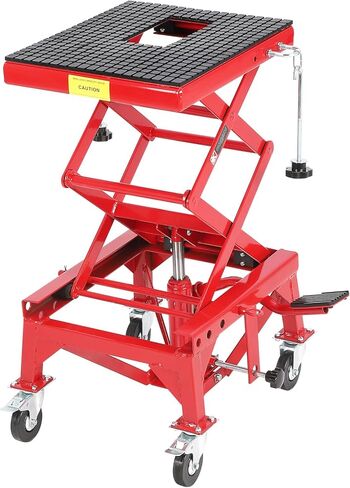 350lbs Heavy Duty Hydraulic Motorcycle Scissor Lift Jack Table, Foot Operated Hoist with Wide Steel Deck, Adjustable Height, 4 Wheels & j-Hooks, Red Portable Stand for Motorcycle, ATV, Dirt Bike, UTV, in Saudi Arabia